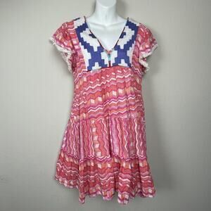 THML XS Pink Peach‎ Tribal Mini Dress Boho Fringe Tiered Cotton Metallic